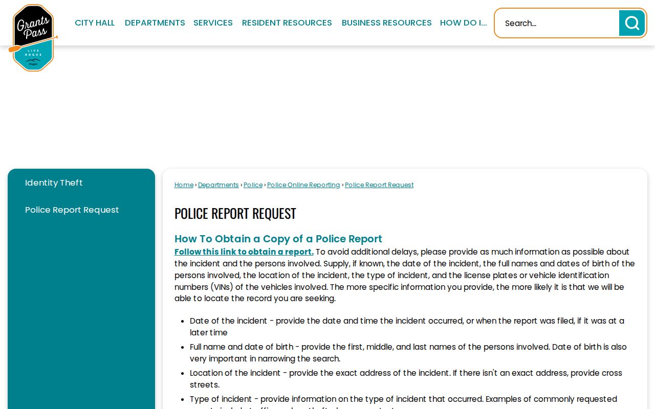 Josephine County Grants Pass Police arrest record request page