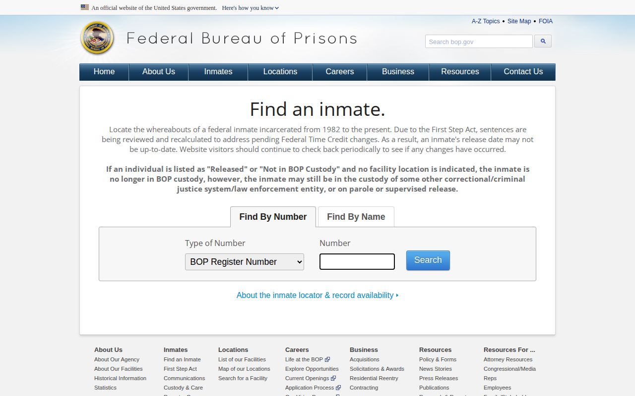 Federal inmate locator showing non-photo custody record fields for Josephine County search context