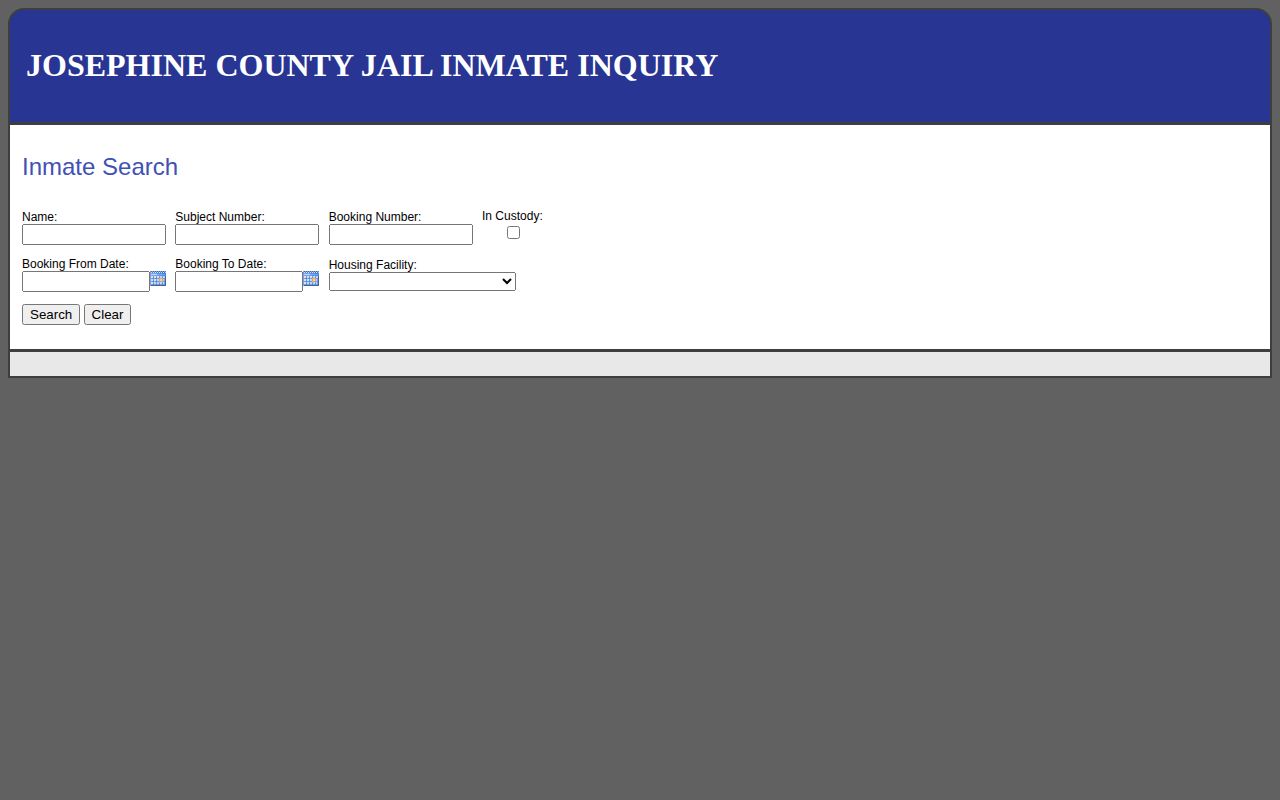 Josephine County jail roster search fields for booking and custody records