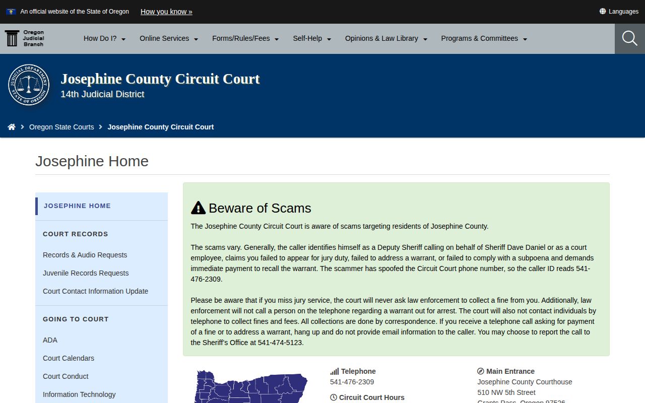 Josephine County Circuit Court page for warrant and case record follow-up